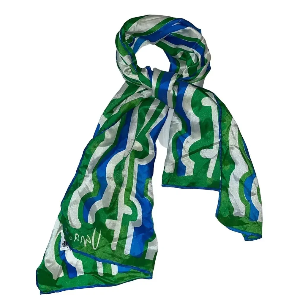 Vintage VERA Neumann Scarf - ladybug signed Blue & Green Rayon & Silk 15